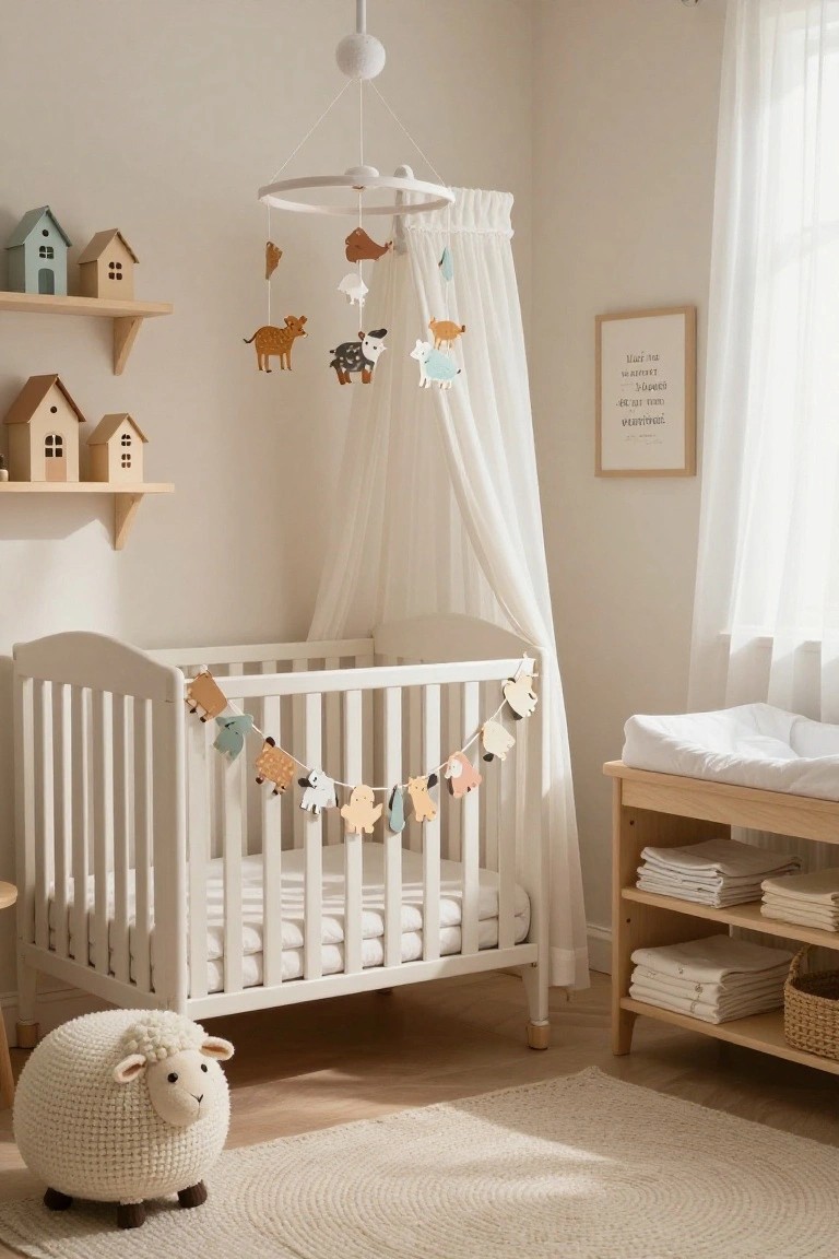 White wooden crib with colorful fabric animal garland draped along the side, sheer canopy mobile with animal shapes hanging above, wooden shelves holding small cardboard houses, changing table nearby, and knitted white sheep stool on the floor in a light nursery room.