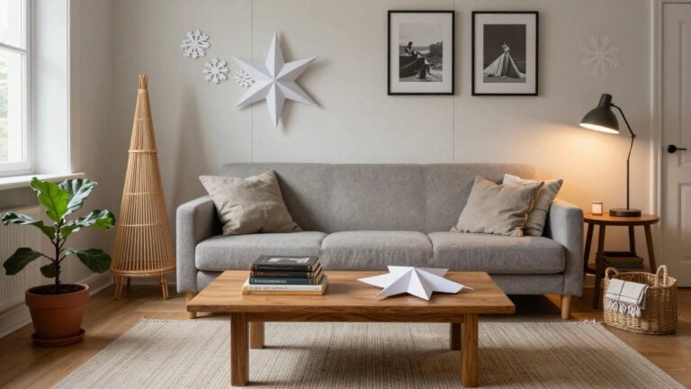 Living room corner with gray sofa, wooden coffee table stacked with books, potted fiddle leaf fig plant, fireplace with paper snowflake garland on mantel, hanging white paper star from ceiling, black star wall decor, and lamp.