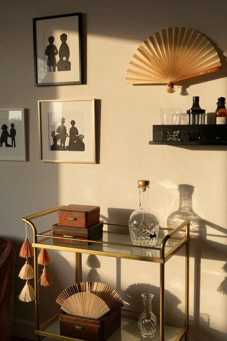 Sunlit bar cart with glass decanters, vintage suitcases, framed silhouettes, and wall fan.