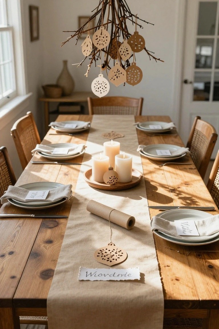 Sunlit wooden dining table set with white plates, linen napkins, place cards, candles on a wooden tray, a rolled paper runner, and beige paper cutout ornaments hanging from a branch fixture above rattan chairs in a white room.
