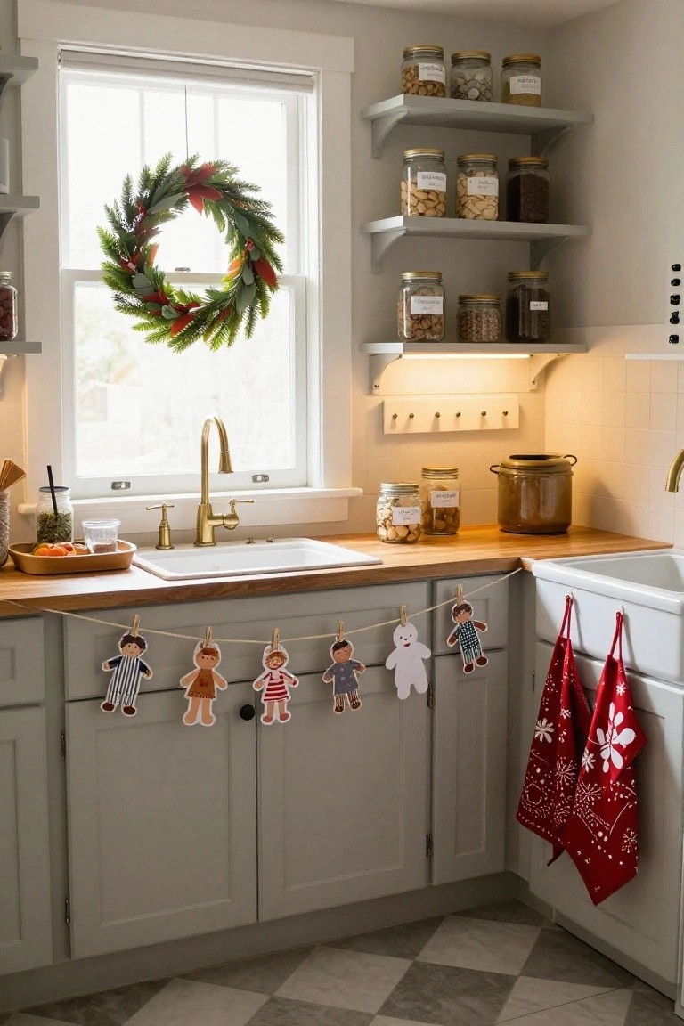 Cozy kitchen with paper gingerbread garland, wreath, and red towels.