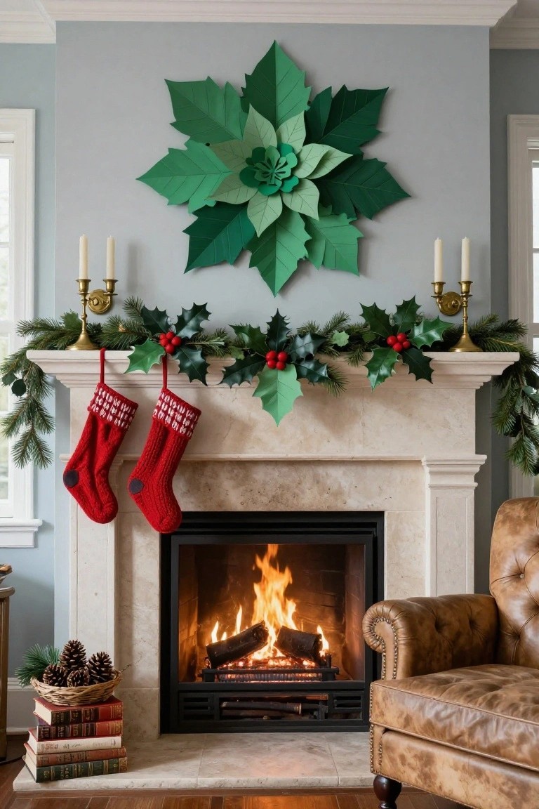 Light blue living room with marble fireplace mantel decorated for Christmas, featuring large green paper leaf poinsettia on wall above, red knit stockings, holly garland, burning fire, pinecone basket, stacked old books, and tan leather armchair.