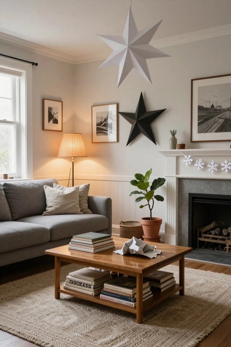 Living room corner with gray sofa, wooden coffee table stacked with books, potted fiddle leaf fig plant, fireplace with paper snowflake garland on mantel, hanging white paper star from ceiling, black star wall decor, and lamp.
