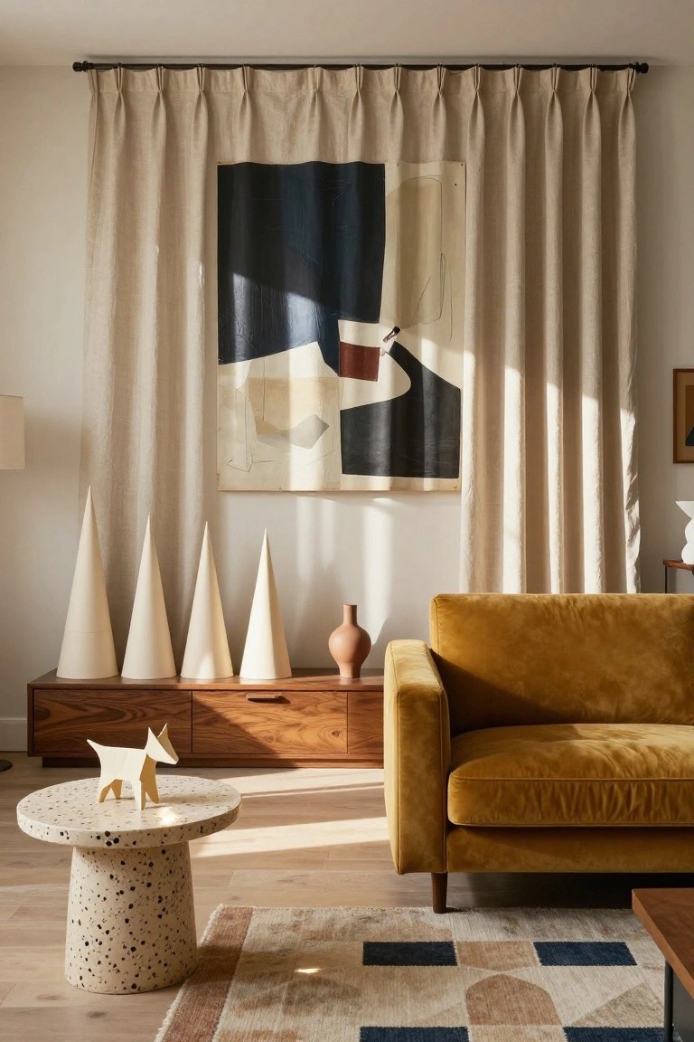 Sunlit living room corner with four tall white cone-shaped trees on a wooden console table next to mustard yellow velvet sofa, paper origami dog on speckled side table, abstract painting behind beige linen curtains.