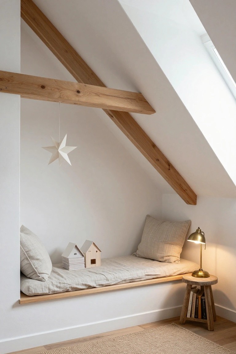 Attic nook with sloped wooden beam ceiling, built-in wooden bench with beige linen mattress and pillows, two small white houses and stacked papers on bed, hanging white paper star, brass lamp on wooden stool with books, white walls, seagrass rug on wood floor.