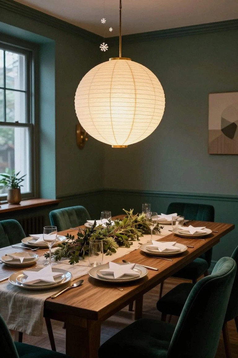 Dining room interior with a large white paper lantern hanging above a wooden table set with white star-shaped napkins, plates, glassware, greenery centerpiece, and green velvet chairs against teal walls.