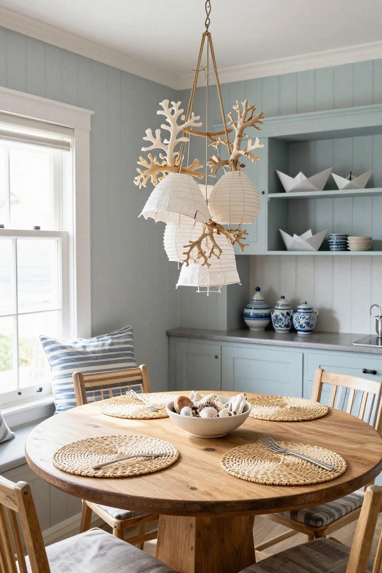 Coastal kitchen nook with light blue paneled walls and cabinets, bleached coral branch chandelier holding four white paper lanterns over a round wooden dining table set with seagrass placemats and utensils, shelves displaying folded paper boats and blue-and-white pottery.