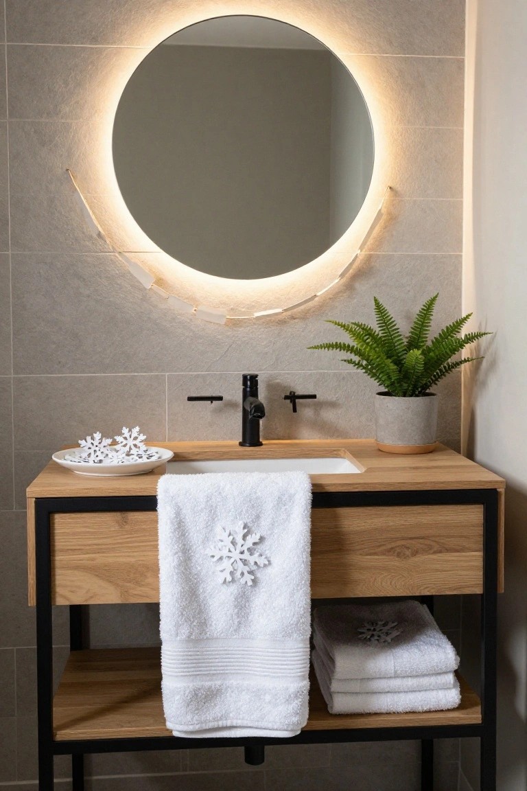 Bathroom vanity with oak wood top and black metal frame under a round backlit mirror gray tiled walls white sink black faucet fern plant in gray pot white dish holding paper snowflakes on counter and stacked white towels with snowflake designs on rack