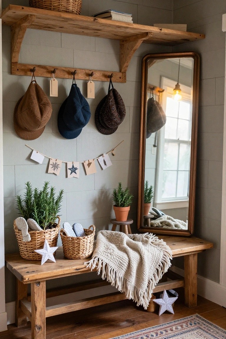Rustic entryway corner with wooden shelves and hooks holding hats, full-length oval mirror, potted rosemary plants, woven baskets with slippers, bench draped in white knit throw, and string garland of paper star and snowflake shapes on light gray brick wall.