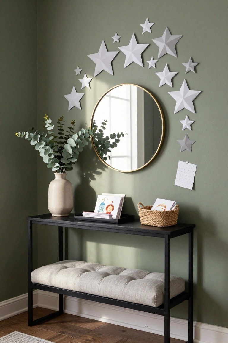 Sage green wall corner with white and silver paper stars arranged in an arch around a gold round mirror, above a black metal console table with beige vase of eucalyptus, books, woven basket, and tufted bench.