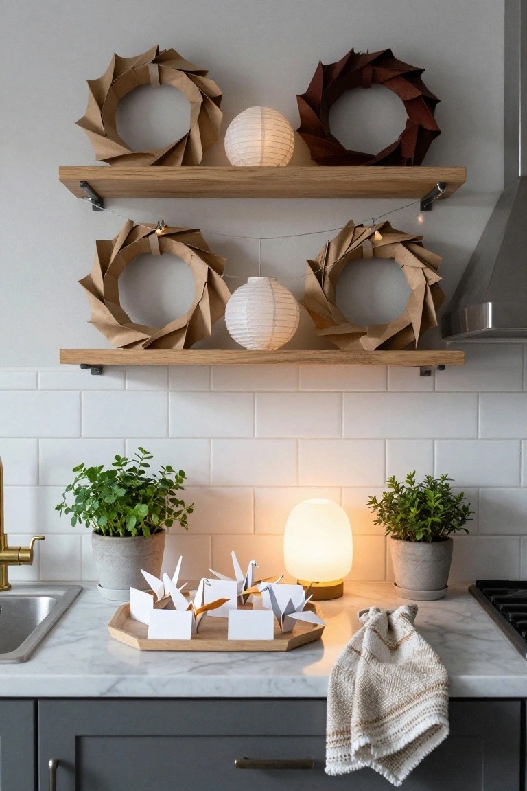 Wooden floating shelves in a kitchen displaying folded brown kraft paper wreaths, paper lanterns, and string lights, with a countertop below holding origami cranes on a wooden tray and potted plants on either side.