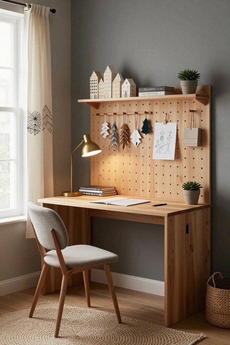 Wooden desk with pegboard, brass lamp, gray chair, and house decor.