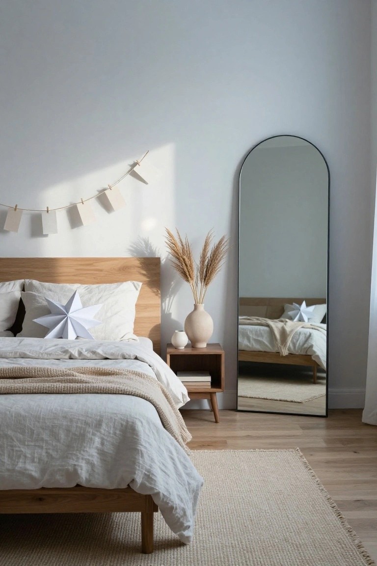 A light-filled bedroom with oak bed frame, white linen bedding, large paper star on pillows, beige vase of pampas grass on wooden nightstand, tall arched black mirror, and white paper shapes hanging from clothespins on a string along the wall.