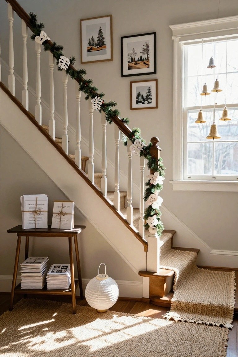 Staircase with wooden handrail wrapped in green garland decorated with white paper snowflake and leaf cutouts, a wooden side table holding stacked wrapped packages and books, a white paper lantern on the floor, and a window with hanging bells.
