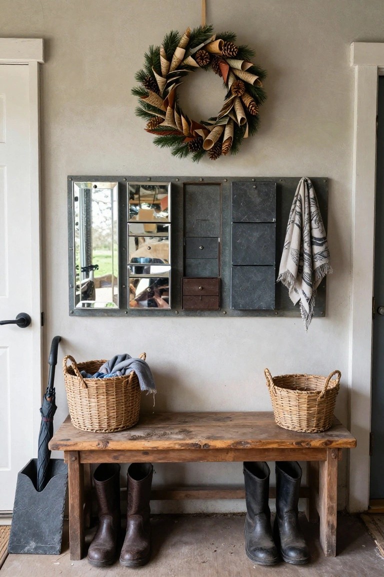 Beige ruffled paper wreath hung around a gold-framed mirror above an oak bathroom vanity with white sink, black faucet, folded cream towel, eucalyptus sprig in white vase, and light beige tiled walls.