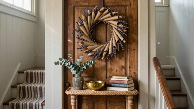 18 Paper Christmas Wreath Ideas That Are Budget-Friendly and Fun White paneled interior door with a hanging wreath of brown textured paper leaves and gold stars, beside a slim wooden console table holding a ceramic lamp, glass vase of wheat, stacked books, and woven basket in a neutral corner space.