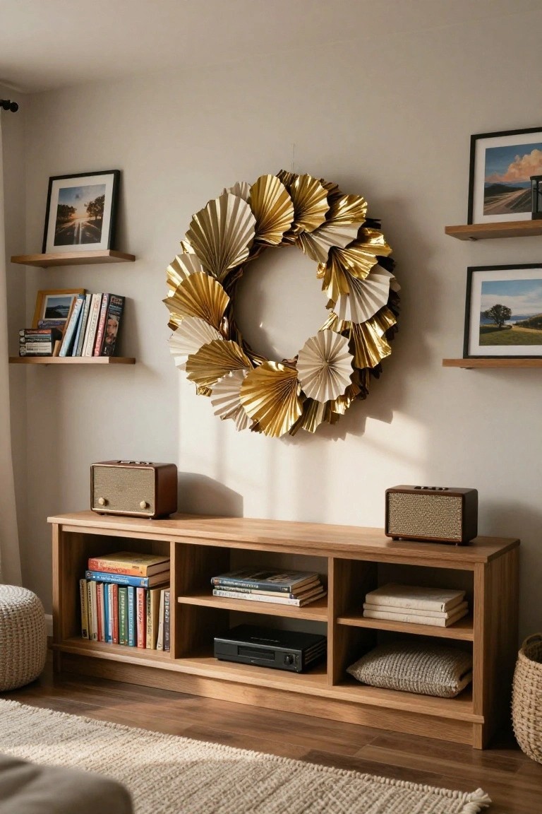 Ornate gold-framed mirror with metallic gold paper leaf wreath hanging on it above a marble fireplace with burning logs, candelabras on mantel, velvet ottoman with throw in foreground, in elegant living room.