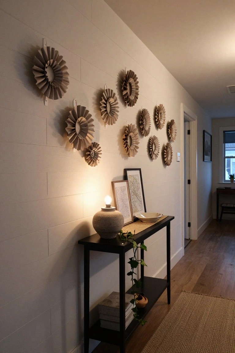 White glass-fronted kitchen cabinet door with a wreath made from colorful folded paper clippings of food images and labels hanging across the center, shelves inside holding glass jars, woven baskets, utensils on a pegboard, and a metal pitcher.