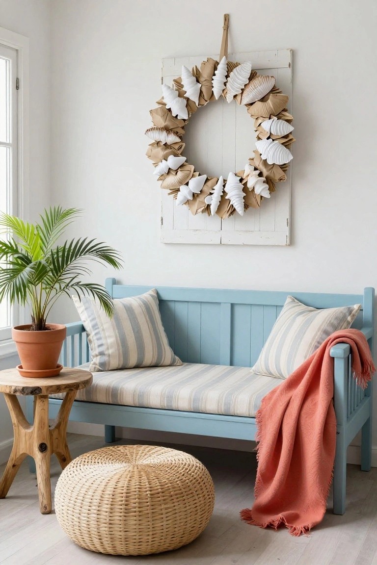 Corkboard on a white wall displaying multiple colorful paper Christmas wreaths alongside notes and photos, above a wooden desk with a laptop, lamp, notebook, and rattan chair in a light-filled room.