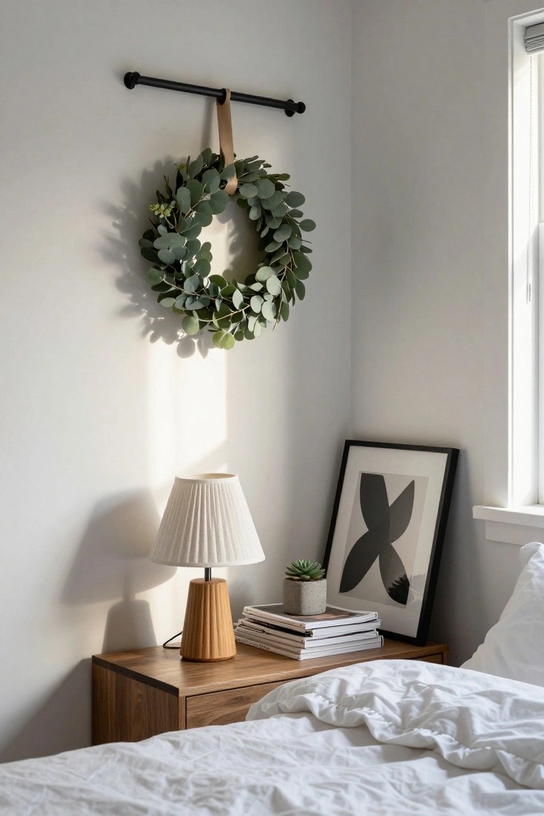 Mudroom nook with light gray walls, wooden peg rail holding two circular paper map wreaths with clips, chalkboard sign reading Family, wooden bench with plaid cushion knit blanket socks green wellies and galvanized buckets.