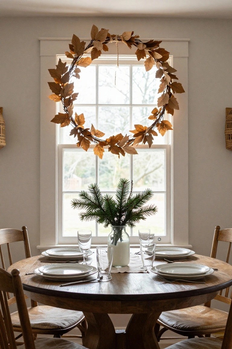 White textured paper wreath hanging from a cord on a white paneled kitchen wall next to a brass faucet farmhouse sink, with labeled glass jars on open shelves above and a beige apron on wooden hooks beside a wicker basket.