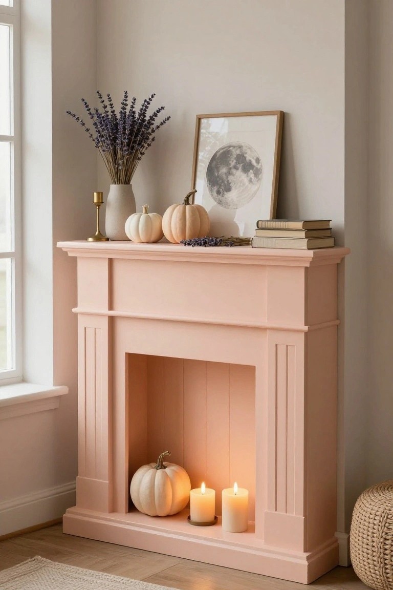 Corner indoor view of a blush pink wooden fireplace mantel decorated with white pumpkins in the firebox, two lit candles, lavender bouquet, moon artwork, small pumpkins, vase, candleholder, books, and a woven pouf nearby on a wood floor.