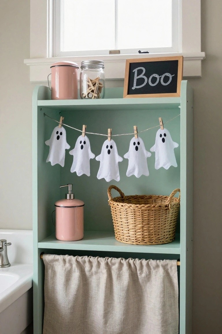 Mint green wooden shelf unit in a bathroom holding pink containers, a jar of clothespins, a woven basket, and a string of white fabric ghosts hung with clothespins, next to a