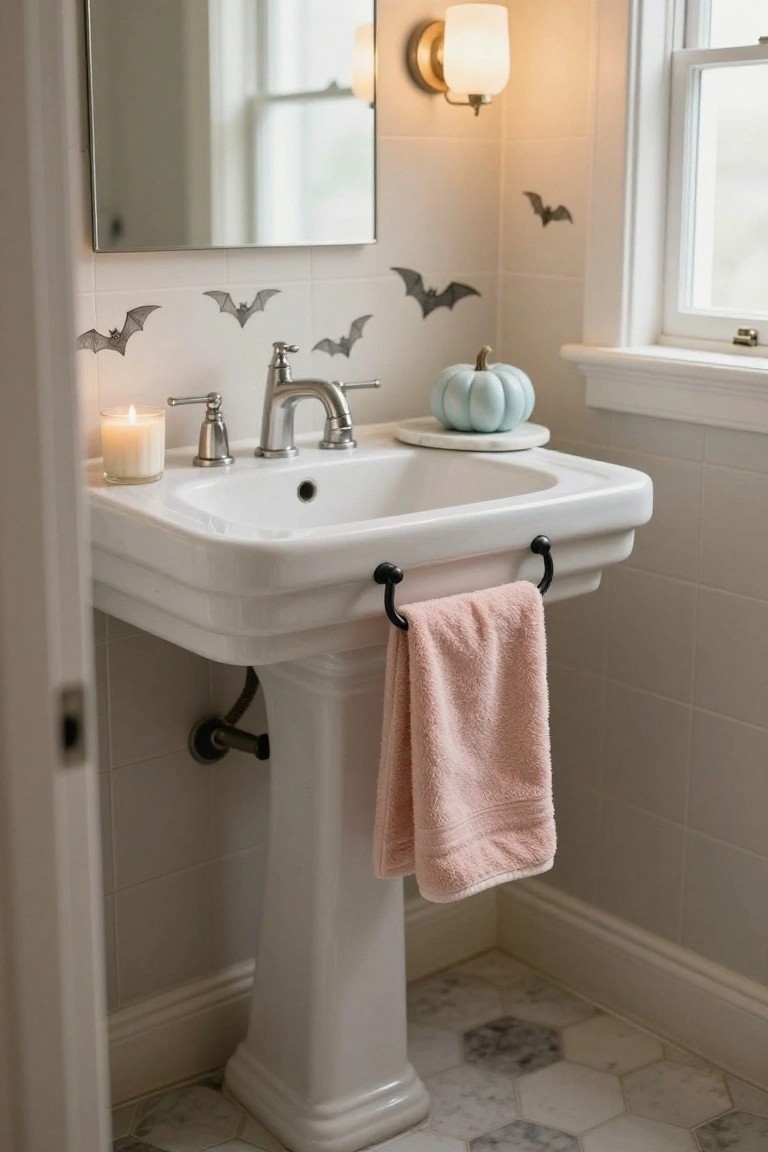 White pedestal sink in a bathroom with black bat decals on white tiled walls, light blue pumpkin on marble tray, burning white candle, pink towel on black hook, and marble hex floor tiles.