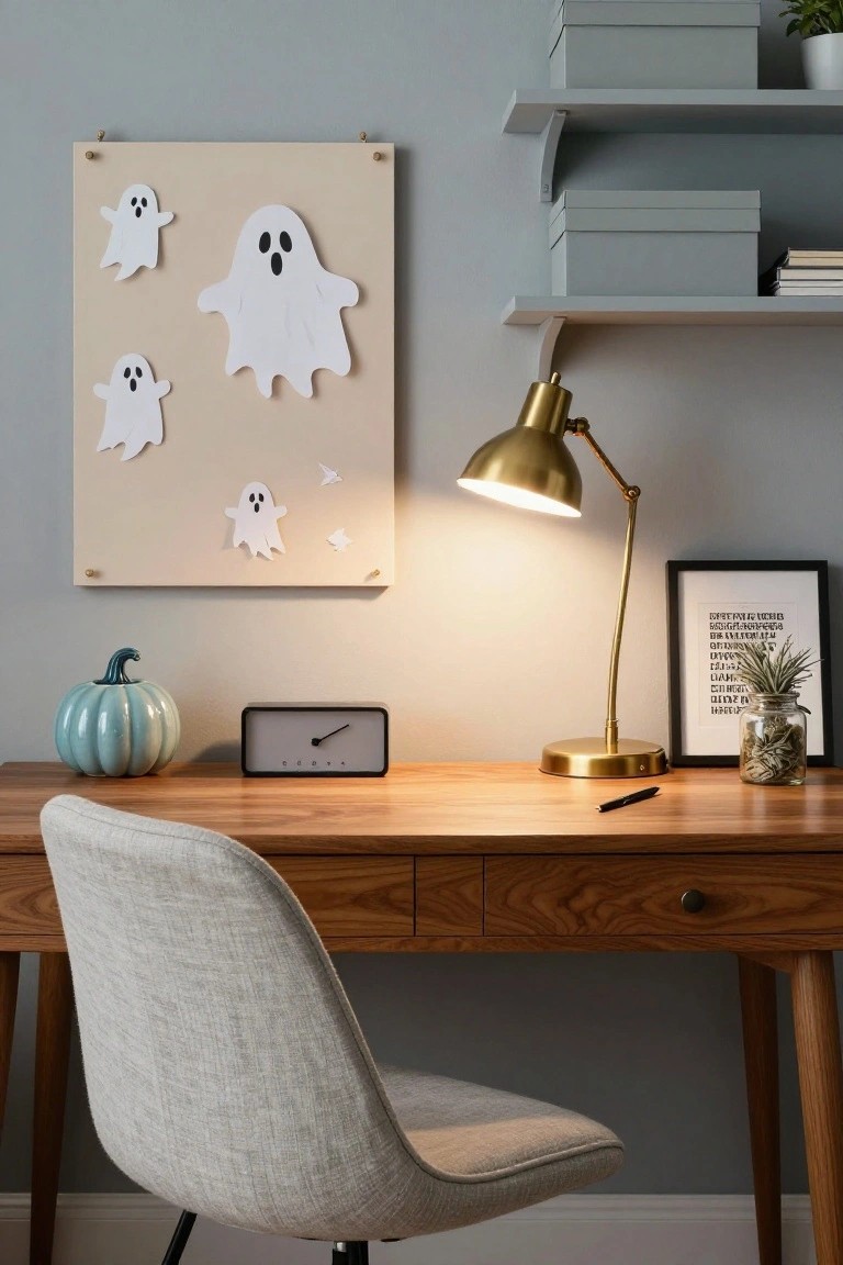 Light gray home office with wooden desk, gray fabric chair, gold desk lamp lit up, teal ceramic pumpkin, small clock, potted plant, shelves with boxes and books, and beige wall board with multiple white paper ghost cutouts.