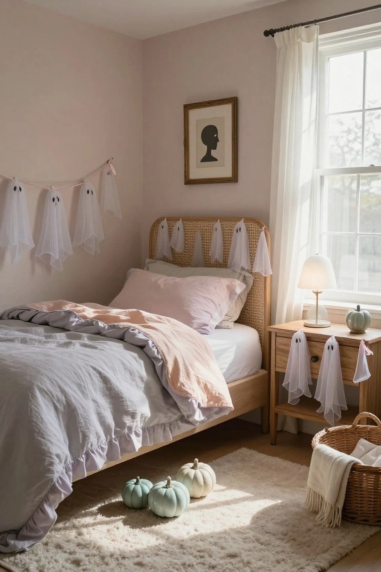 Blush pink bedroom with rattan bed draped in white fabric ghost garlands on headboard and nightstand, small pastel pumpkins on floor and table, white curtains at window, and wicker basket with blankets in corner.
