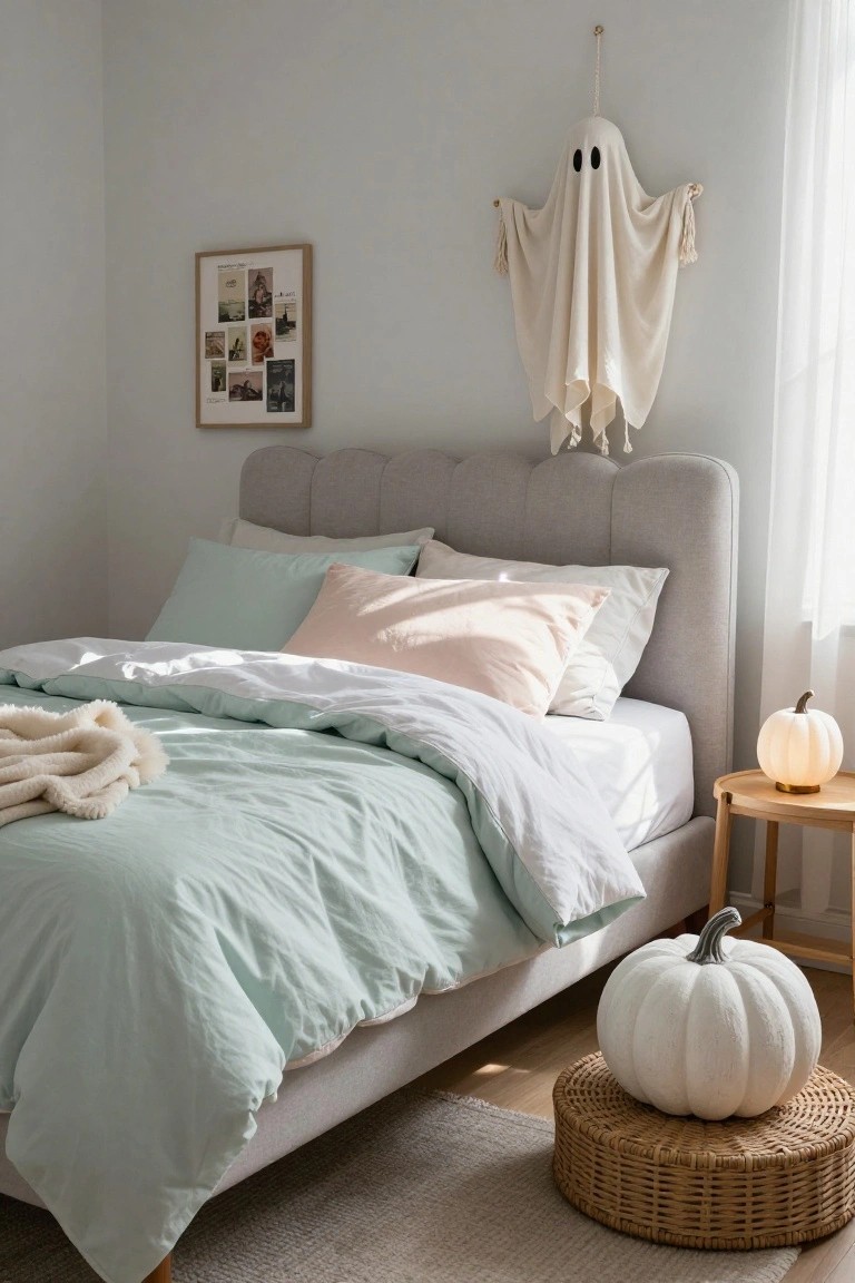 Pastel Bedroom with Subtle Halloween Accents