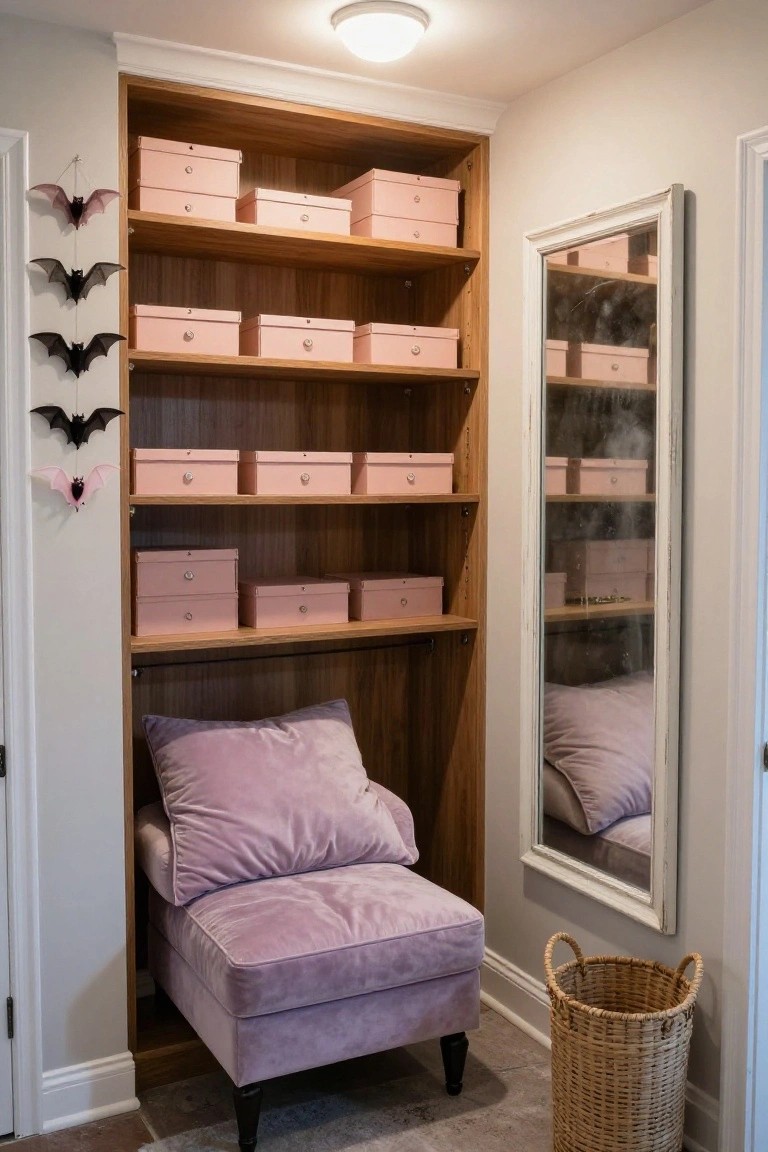 Wooden built-in shelving unit in a room nook filled with stacked pink boxes on shelves, black bat decorations hanging on the left side, purple velvet armchair inside the lower section, white full-length mirror nearby, and wicker basket on floor.