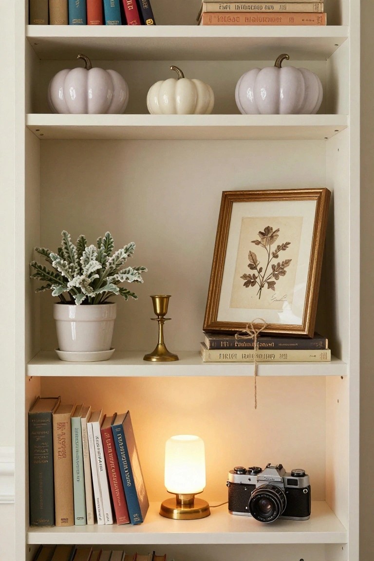 White open bookshelf with stacked books in multiple languages, pale pink and white ceramic pumpkins, potted plant with silvery leaves, gold candleholder, framed botanical print, white lamp on brass base, vintage film camera, and twine-tied books.