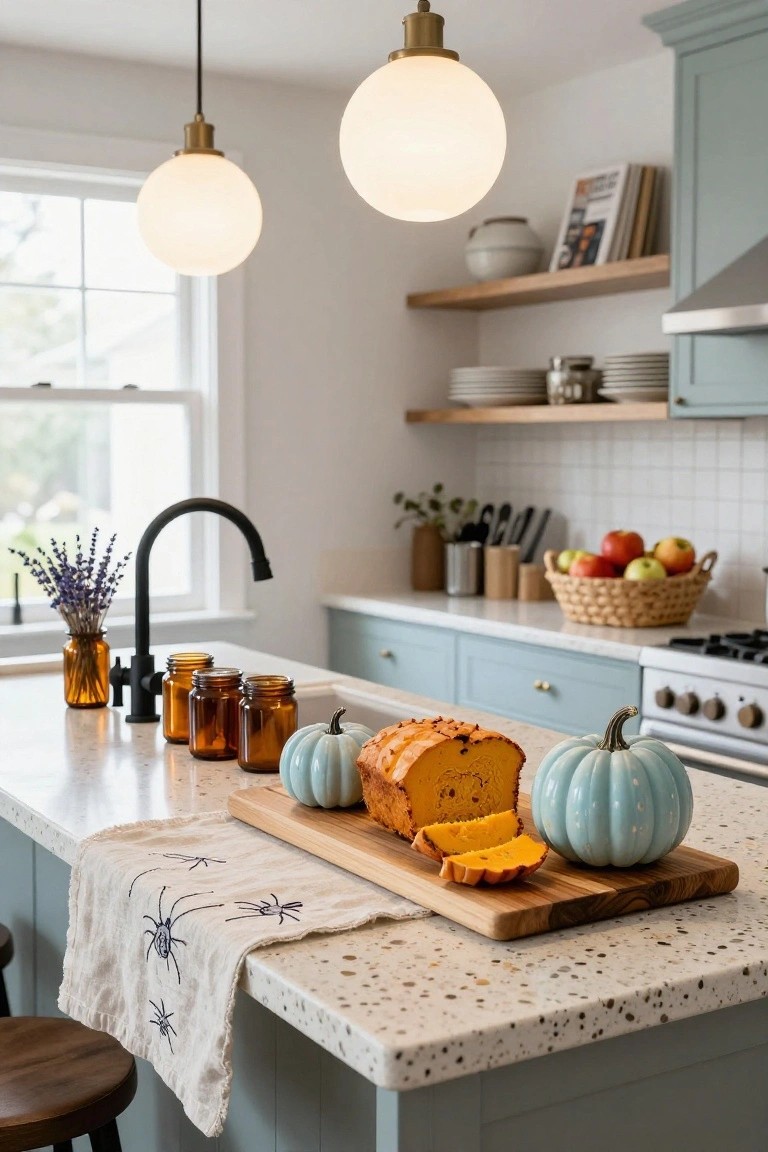 Sage green kitchen island countertop displaying sliced orange pumpkin bread on a wooden board beside a light blue pumpkin, amber glass jars, a spiderweb-embroidered white linen towel, and a wooden stool.