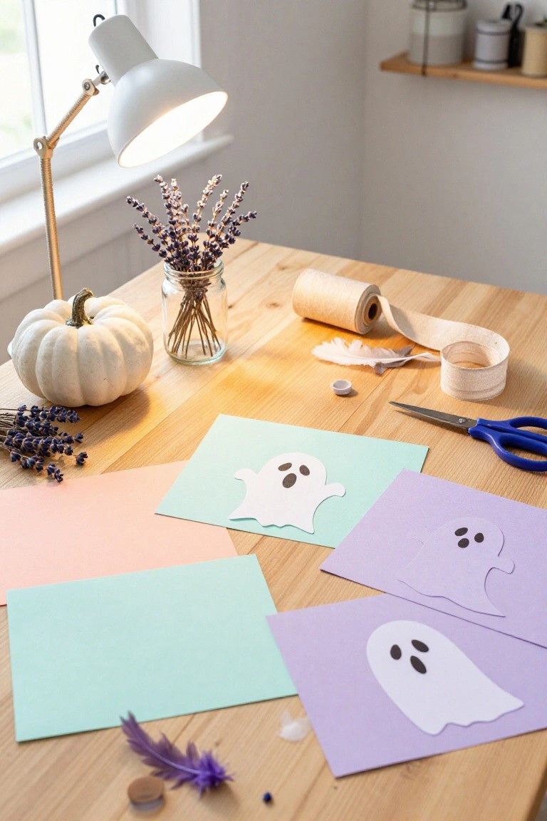 Wooden table top with pastel colored cards featuring white ghost cutouts, small white pumpkin, lavender sprigs in jars, scissors, tape roll, and scattered craft bits under a desk lamp.