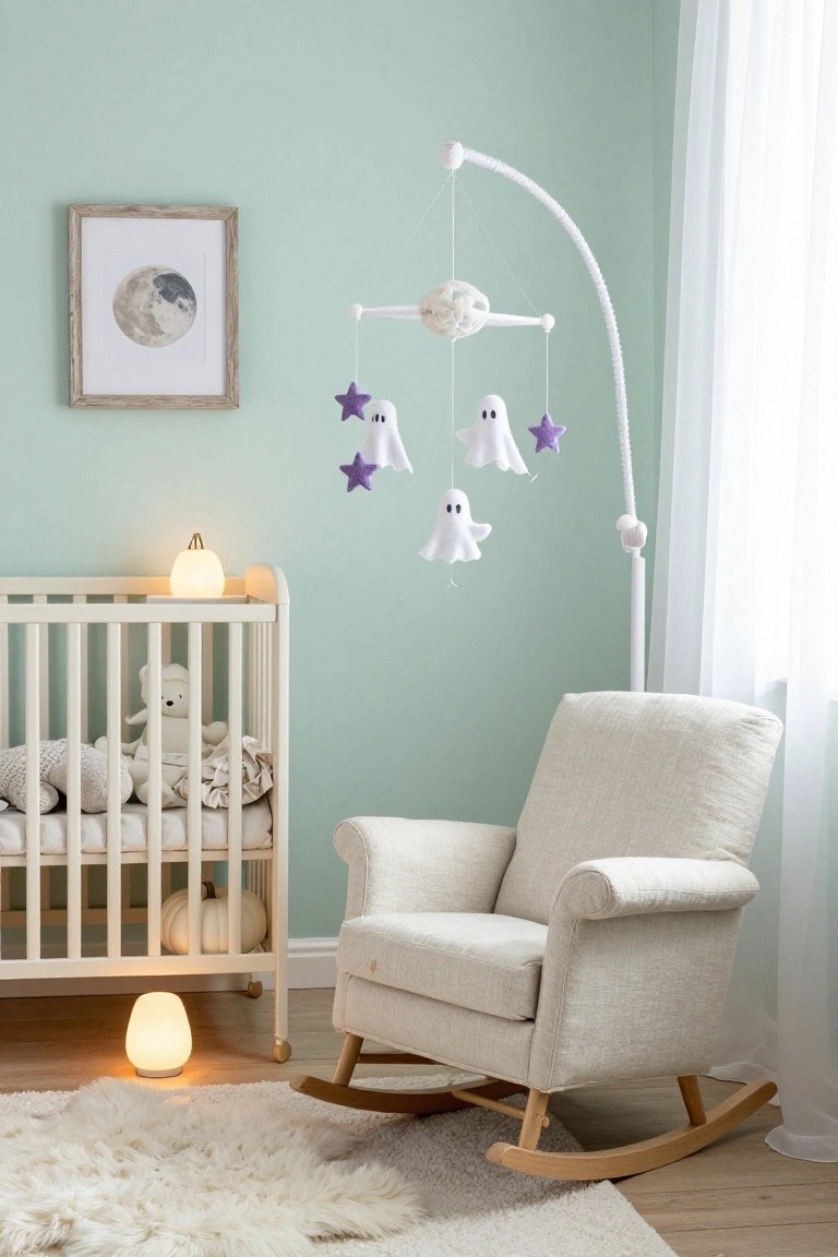 Mint green nursery room featuring a white crib with teddy bear and blankets, rocking chair, ghost and star mobile hanging from arched stand above crib, moon print on wall, small lamps, and white rug on wood floor.