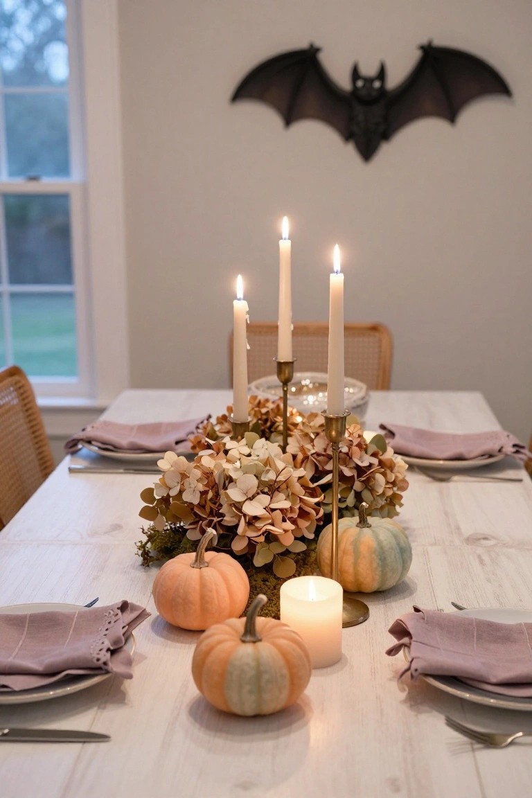Dining table set for Halloween with small orange and blue-green pumpkins, dried beige hydrangeas in a brass candelabra, pillar candles, purple napkins, and place settings on a whitewashed wood surface, bat decoration on wall behind.