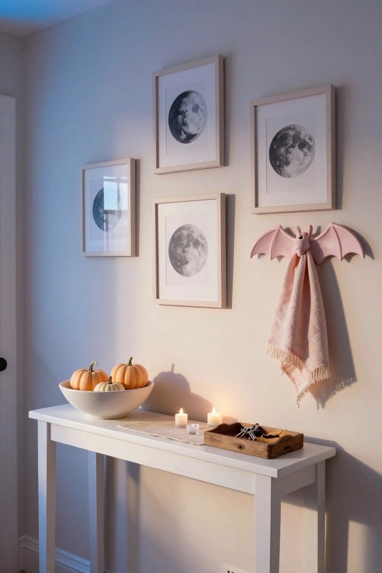 White console table in a pale gray hallway entry holds a white bowl of small orange pumpkins, lit candles, and keys in a wooden tray, with four black-and-white full moon prints and a pink ceramic bat towel hanger mounted on the wall above.