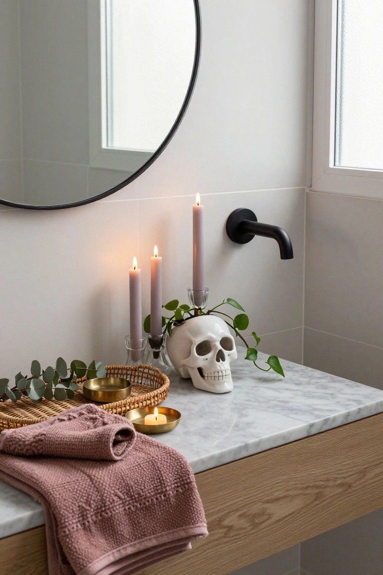 White ceramic skull planter with trailing green plant on marble bathroom vanity, surrounded by purple taper candles in glass holders, eucalyptus in rattan tray with gold bowls, pink towel draped nearby, black wall faucet, and round black mirror.