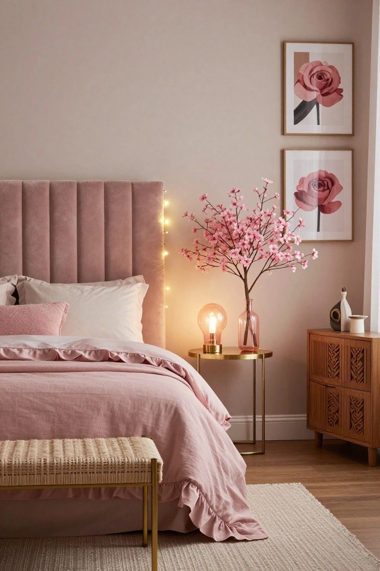 Corner view of a bedroom with tufted pink velvet headboard strung with fairy lights, pink ruffled bedding on the bed, gold side table holding an orange lamp and pink glass vase with pink cherry blossom branches, wooden side cabinet, and framed rose artwork on pale pink walls.