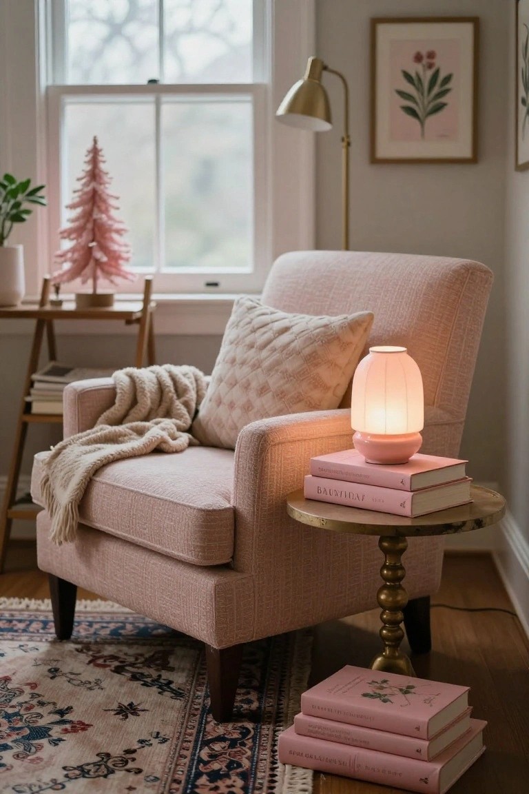 Blush pink upholstered armchair with cream throw blanket and pillows in a light gray room, next to a gold side table with stacked pink books and a frosted glass lamp, small pink Christmas tree on a shelf nearby.