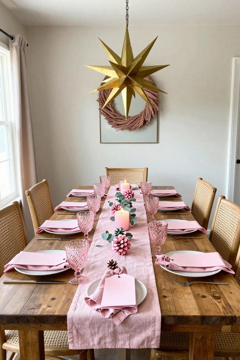 Wooden dining table in a room set for Christmas with pink linen runner, pink glassware, napkins, white plates, candles, eucalyptus, and pinecones, rattan chairs around it, gold star chandelier overhead, pink wreath on wall.