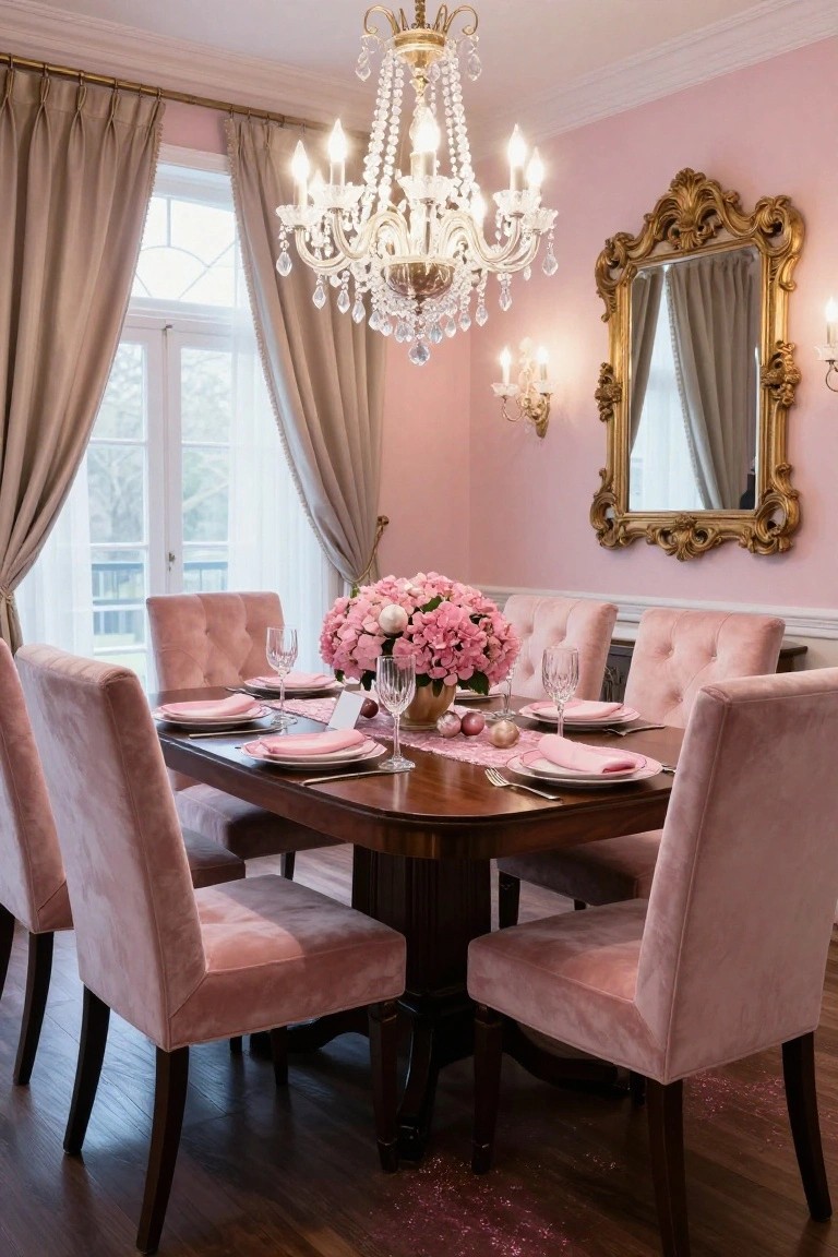 Blush pink velvet upholstered chairs around a rectangular wooden dining table set with pink napkins, plates, wine glasses, peony centerpiece, and gold Christmas ornaments in a pale pink room with chandelier and gilded mirror.