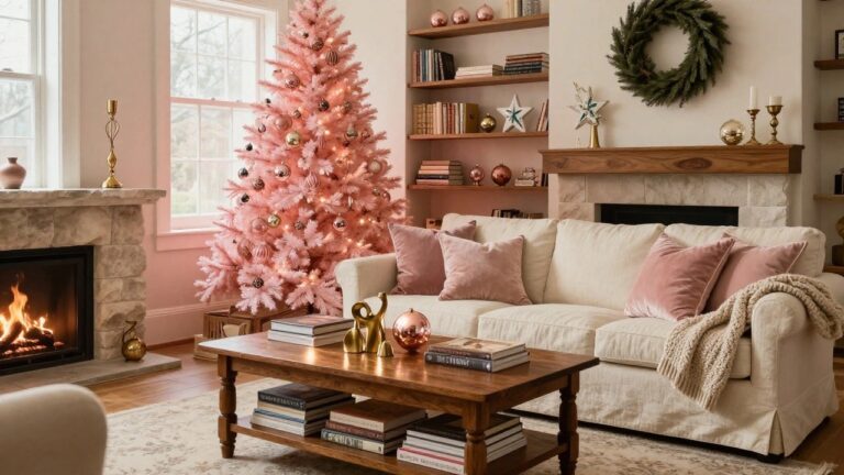 18 Pink Christmas Decor Ideas That Add a Fun, Feminine Twist Living room with tall artificial pink Christmas tree decorated in gold, pink, and white ornaments next to beige sofa, wooden coffee table with stacked books, and lit stone fireplace with green wreath above mantel.
