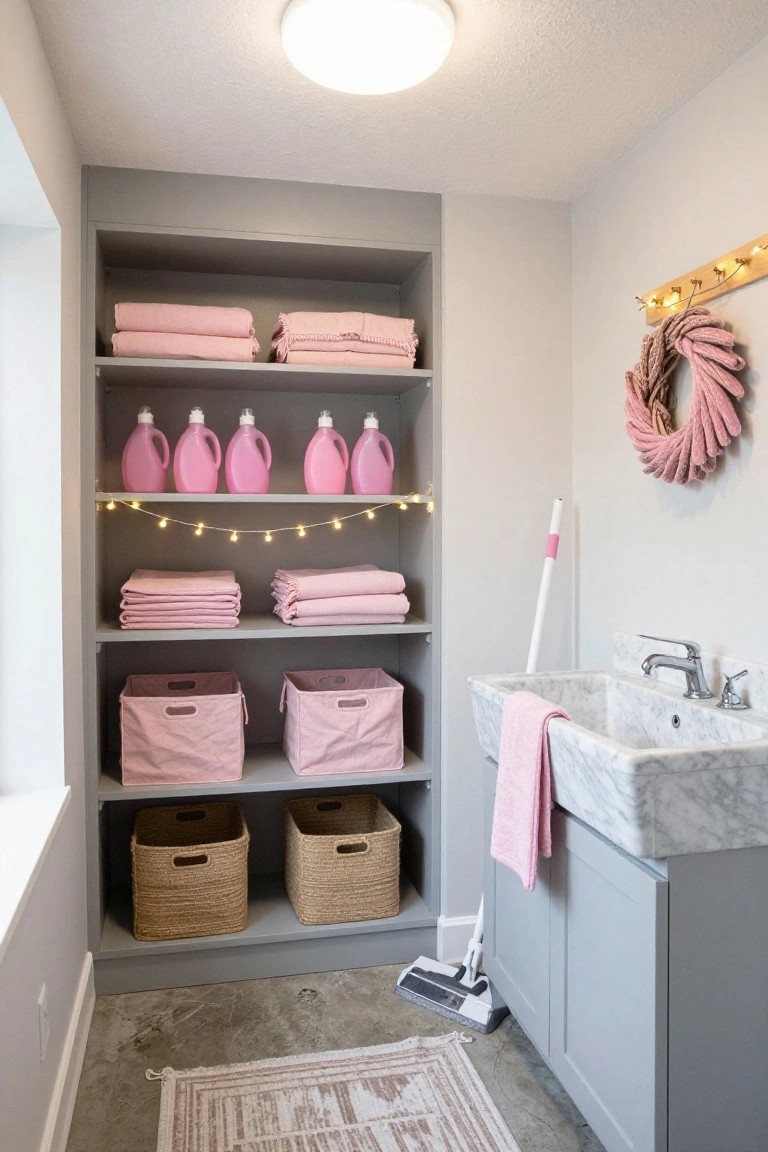 Gray built-in shelves in a laundry room hold stacked pink towels, pink detergent bottles, pink fabric bins, and natural woven baskets, with pink string lights along the edge, a pink rope wreath on the wall, a marble utility sink with pink towel, broom, and floor steamer nearby.