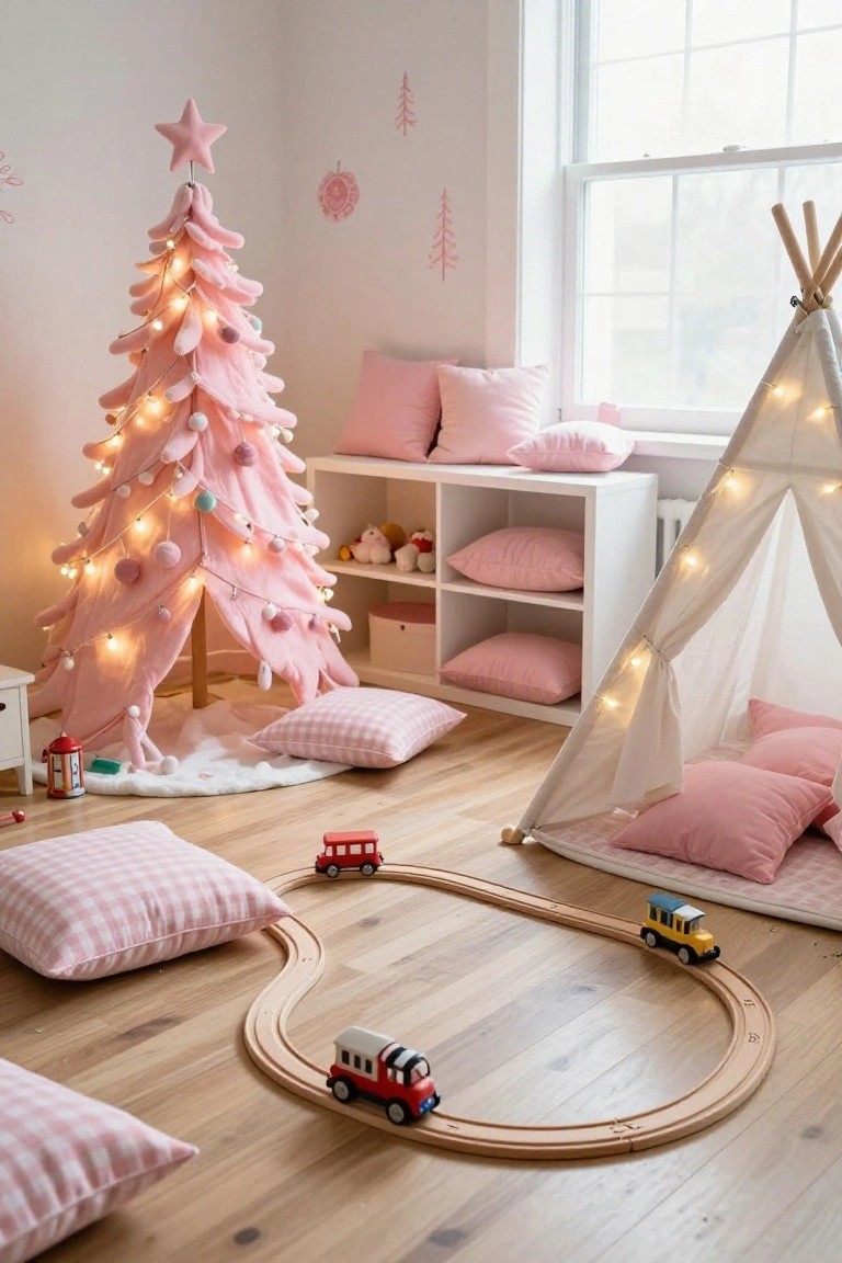 A pink fluffy felt Christmas tree lit with string lights stands in a child's bedroom with pink pillows on the floor, a white teepee tent, wooden toy train track, shelves with stuffed animals, and pastel wall decorations.