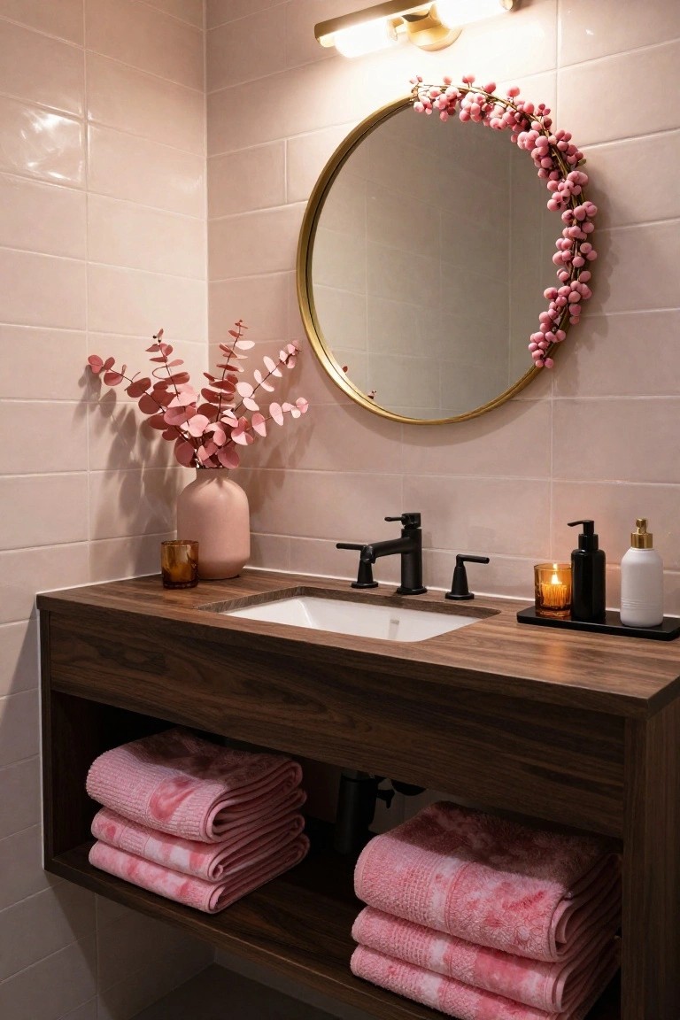 Bathroom vanity with wood cabinet, white sink, black faucet, gold round mirror framed by pink berry garland, pink eucalyptus in terracotta vase, candles, lotion bottles on counter, and stacked pink towels below.