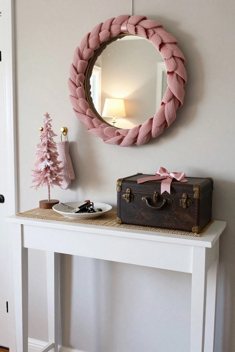 Pink braided wreath frames a round mirror hanging above a white console table on a light gray wall in an entryway, with a vintage brown suitcase tied with pink bow, white bowl holding keys and fork, wood stand for pink Christmas tree, and pink tree with hanging knit mittens nearby.