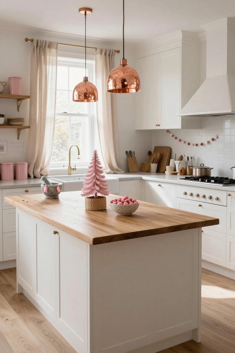 White Shaker-style kitchen with wooden island countertop holding a small pink flocked Christmas tree in a basket, a white bowl of pink candies, and a gray marble mortar and pestle, under copper pendant lights.