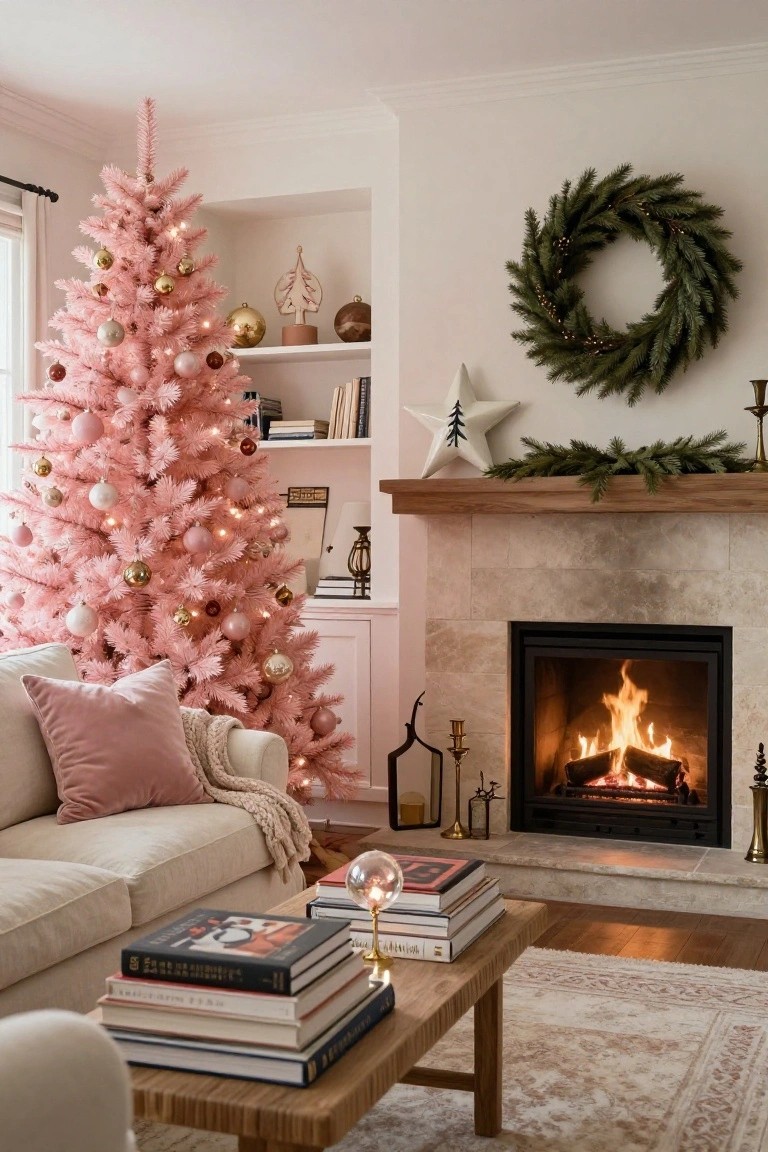 Living room with tall artificial pink Christmas tree decorated in gold, pink, and white ornaments next to beige sofa, wooden coffee table with stacked books, and lit stone fireplace with green wreath above mantel.